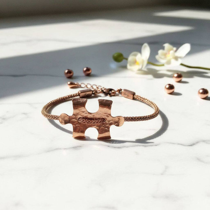Copper Puzzle Piece Button Viking Knit Autism Awareness Bracelet