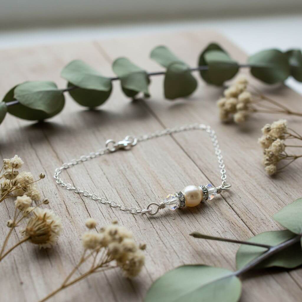 Silver Swarovski Crystal Pearl Bar Bridal Bracelet