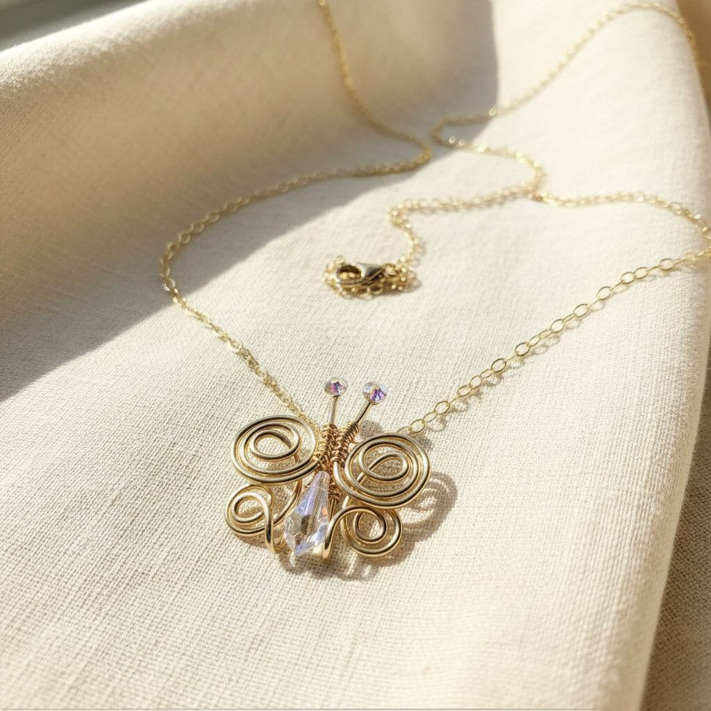 Handmade Wire Sculpted Crystal Butterfly Necklace