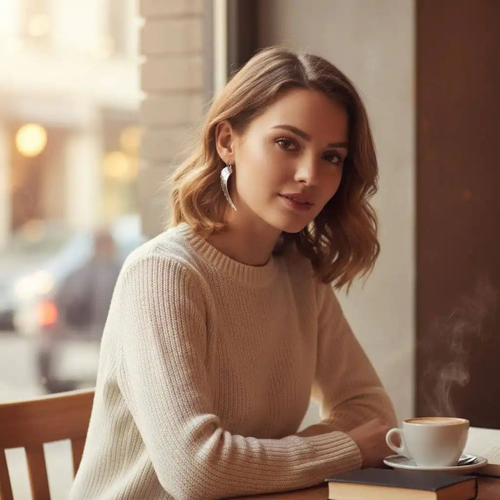 Elegant woman wearing Silver Hammered Sculpted Angel Wing Earrings while enjoying coffee at a cafe.