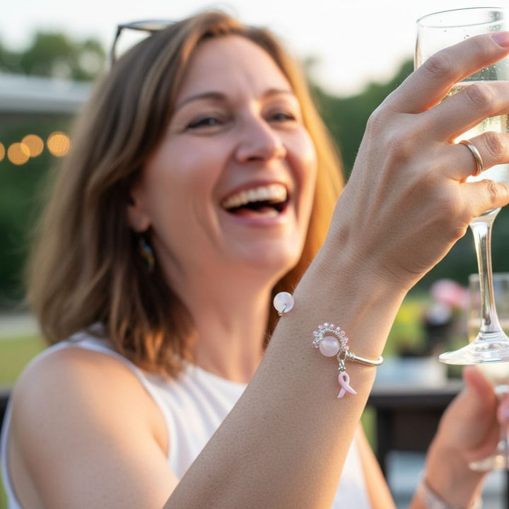 Pink Crystal Breast Cancer Awareness Rose Quartz Bead Ball End Cuff