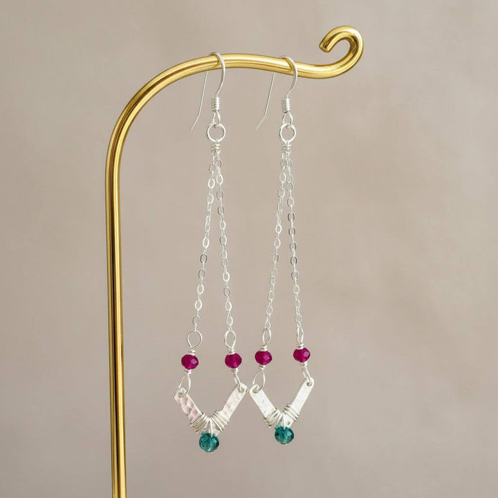 Sterling Silver Chevron Hot Pink Green Gemstone Earrings