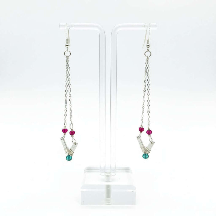Sterling Silver Chevron Hot Pink Green Gemstone Earrings
