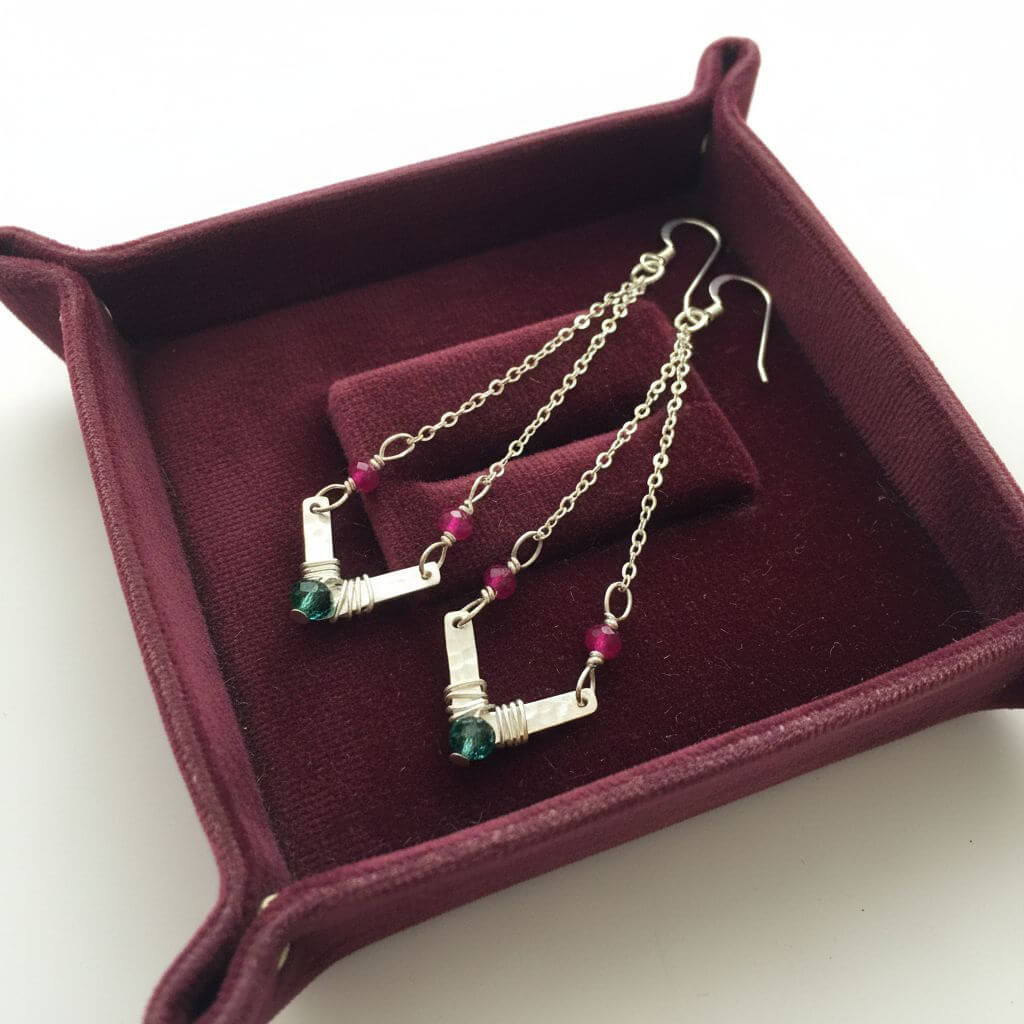 Sterling Silver Chevron Hot Pink Green Gemstone Earrings