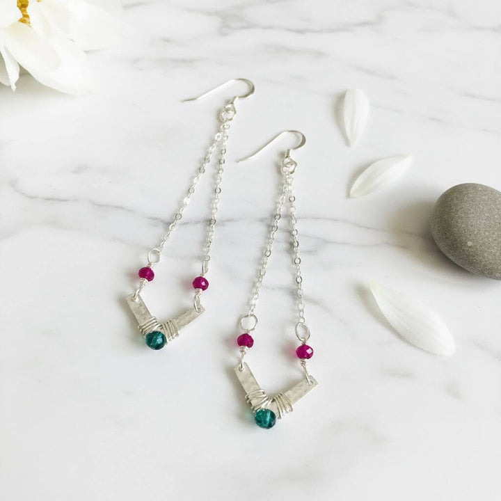 Sterling Silver Chevron Hot Pink Green Gemstone Earrings