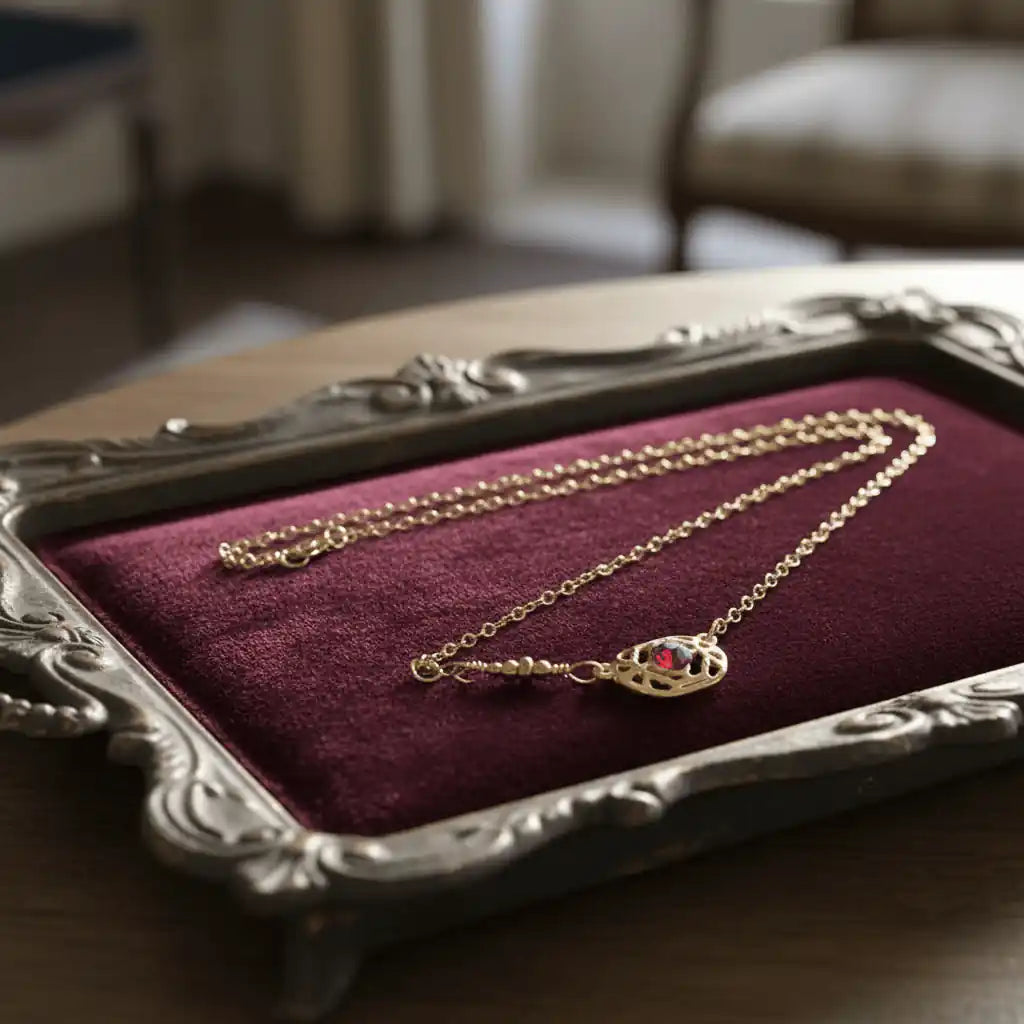 Red Crystal 14 K Gold Filled Adjustable Filigree Choker displayed on a velvet background in an ornate frame.