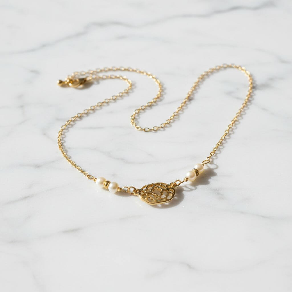 As Seen on Molly Ringwald 14 K Gold Filled Filigree Pearl Choker Necklace