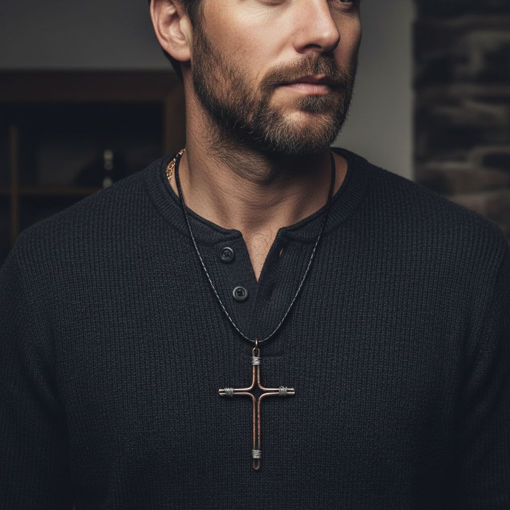 Handmade Large Copper and Silver Wire Cross Necklace for Men