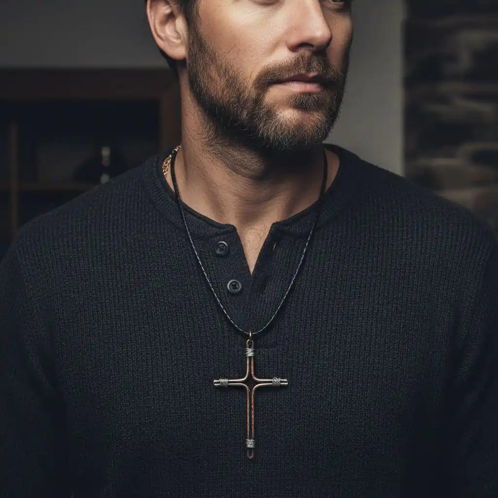 Handmade Large Copper and Silver Wire Cross Necklace for Men worn by a man in a dark sweater.