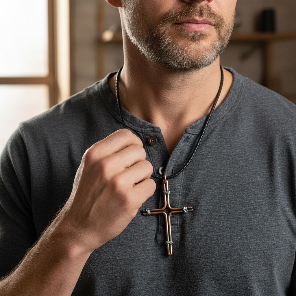 Handmade Large Copper and Silver Wire Cross Necklace for Men worn by a man, showcasing its bold design and craftsmanship.
