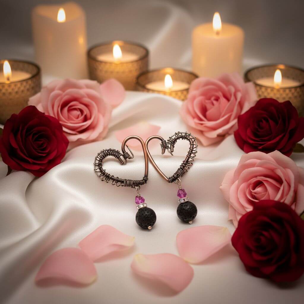 Copper Sculpted Heart Hoop Crystal Butterfly Lava Rock Earrings on satin fabric with roses and candles.
