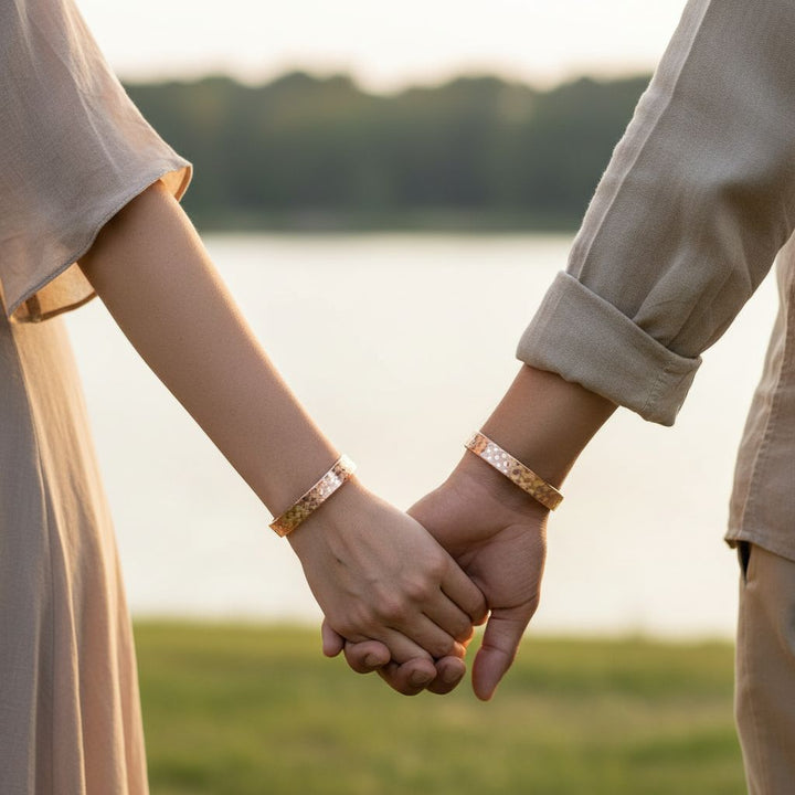 His and Her Copper Embossed Weave Cuff Set 16 Gauge