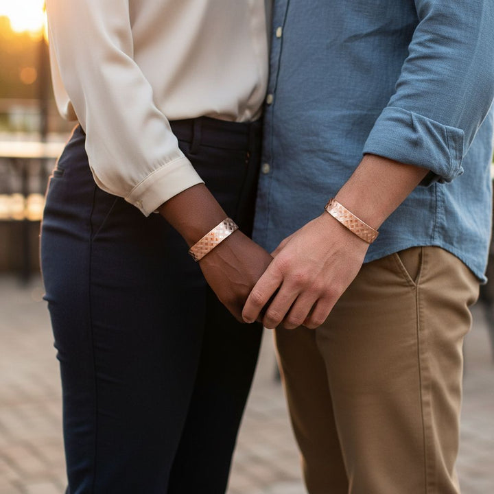 His and Her Copper Embossed Weave Cuff Set 16 Gauge