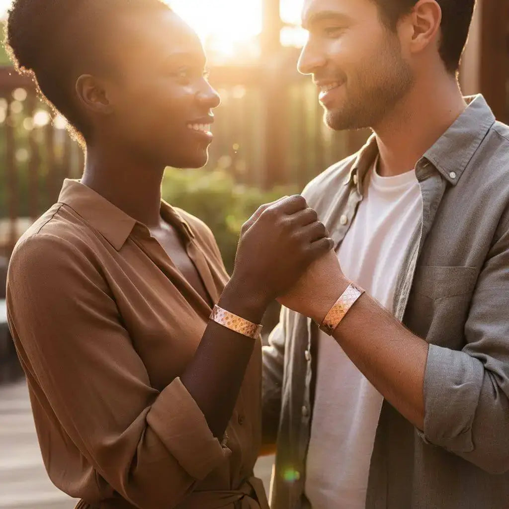 His and Her Copper Embossed Weave Cuffs 16 Gauge worn by a couple smiling at each other during sunset.