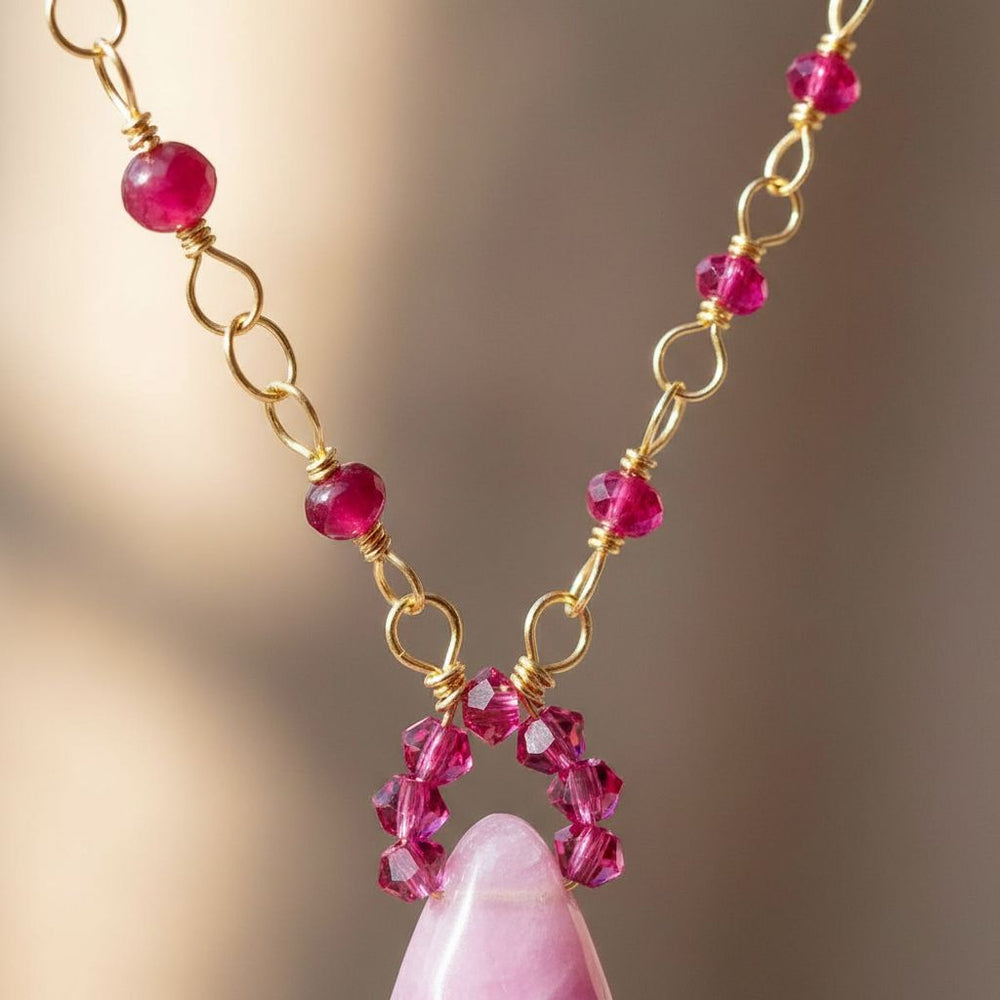 Lilac Jade Drop Gemstone Wire Wrapped Gold Filled Necklace showcasing pink gemstones and intricate gold wire design.