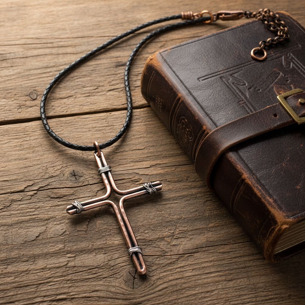 Handmade Large Copper and Silver Wire Cross Necklace for Men on a wooden surface next to a leather-bound book.