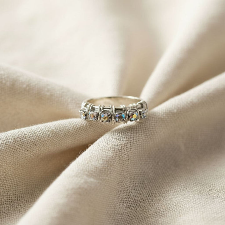 Wire Wrapped Silver Hammered Super Sparkly Crystal Bling Ring