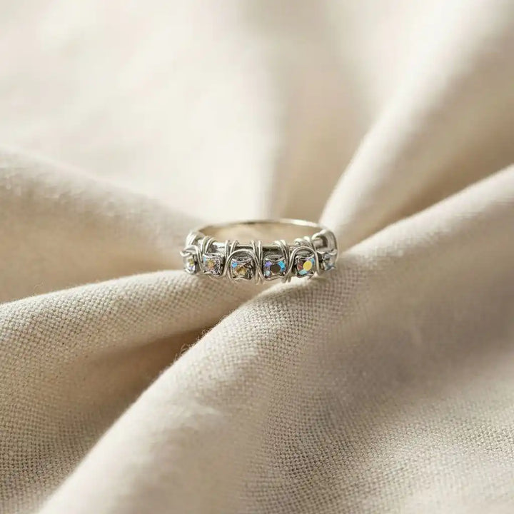 Wire Wrapped Silver Hammered Super Sparkly Crystal Bling Ring