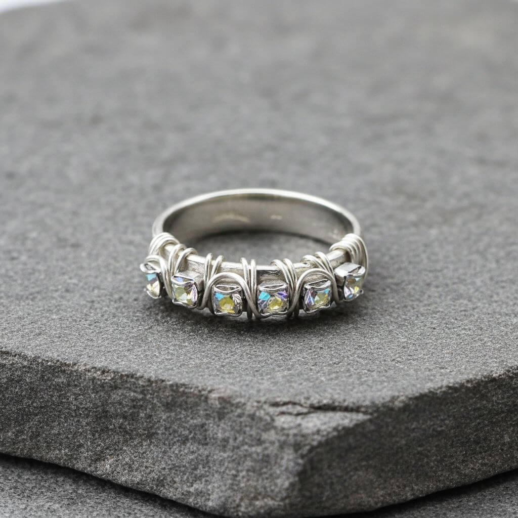 Wire Wrapped Silver Hammered Super Sparkly Crystal Bling Ring