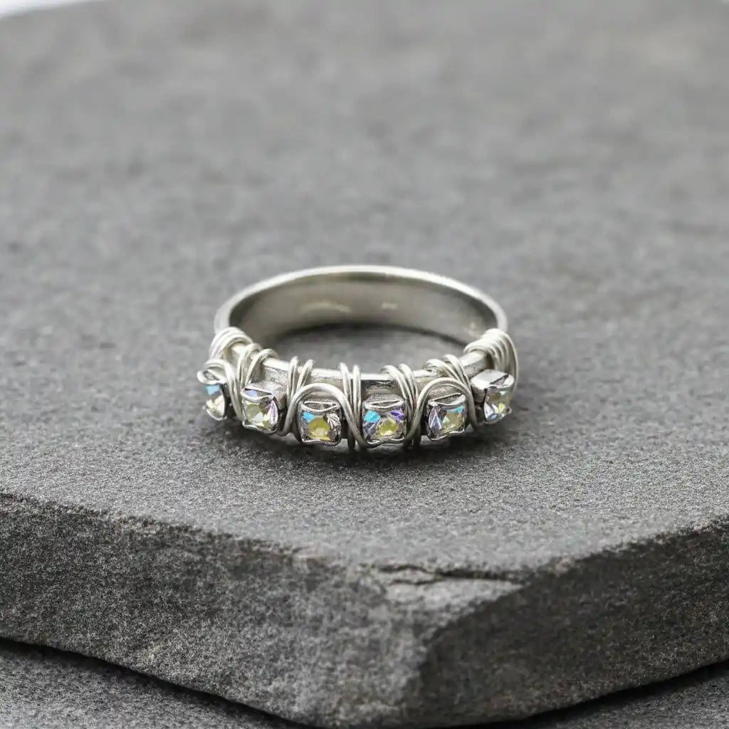 Wire Wrapped Silver Hammered Super Sparkly Crystal Bling Ring