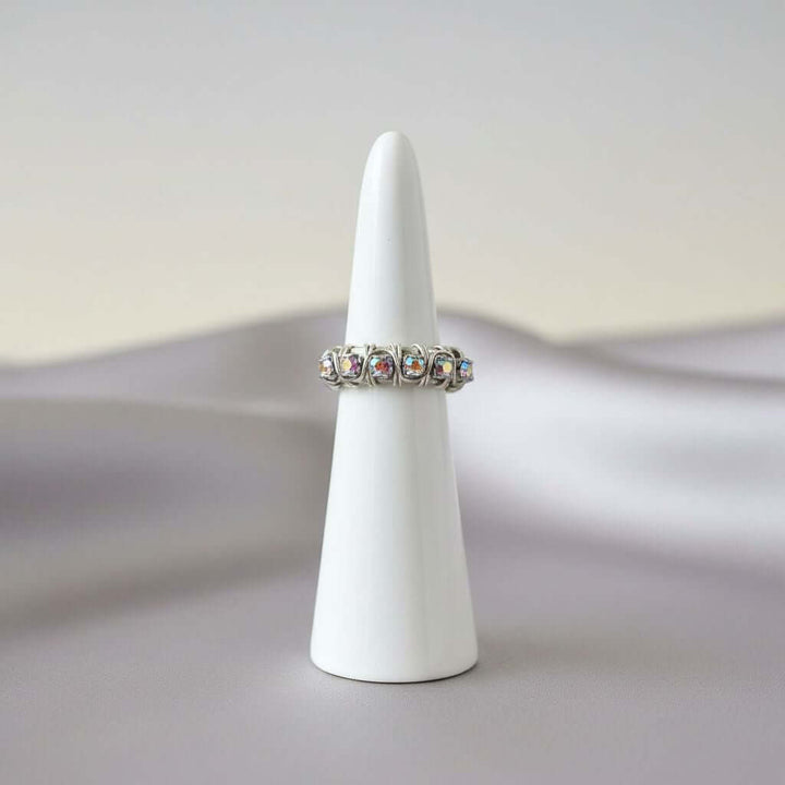Wire Wrapped Silver Hammered Super Sparkly Crystal Bling Ring