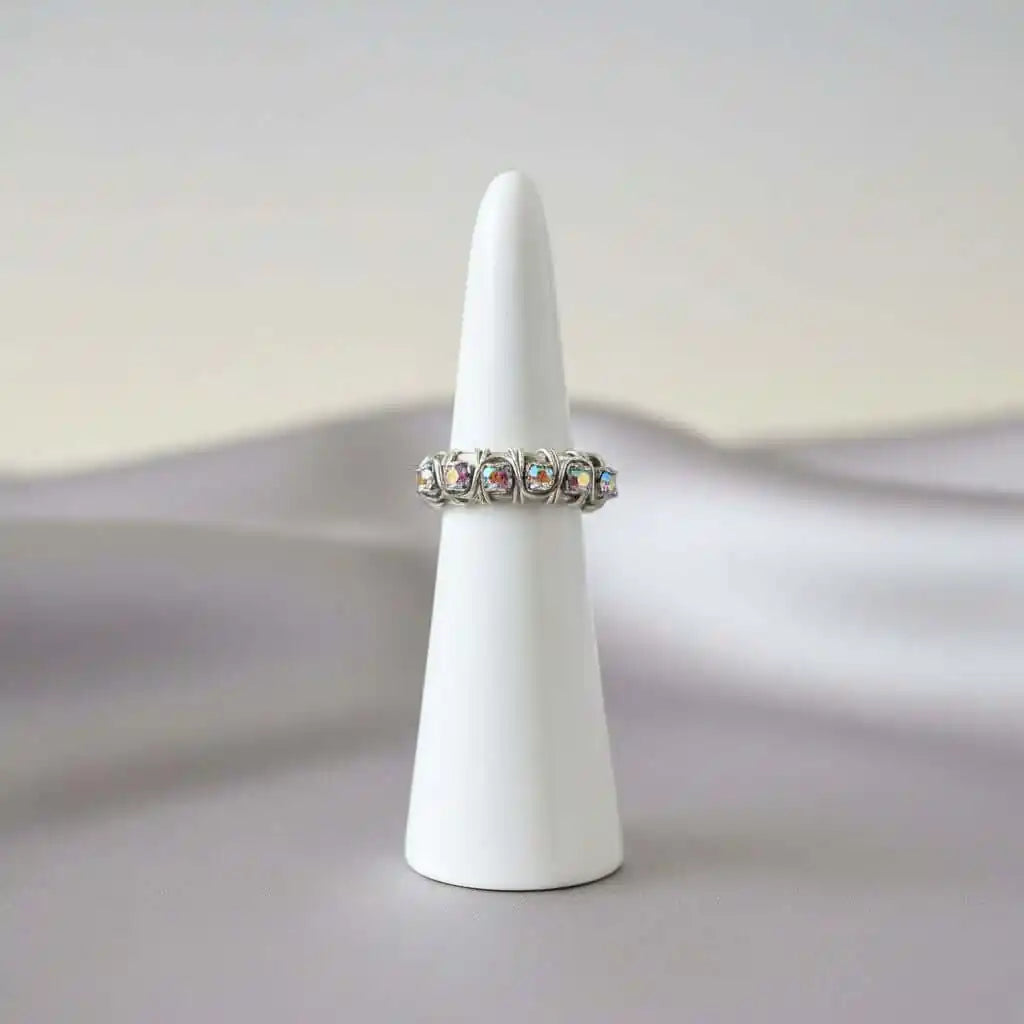 Wire Wrapped Silver Hammered Super Sparkly Crystal Bling Ring
