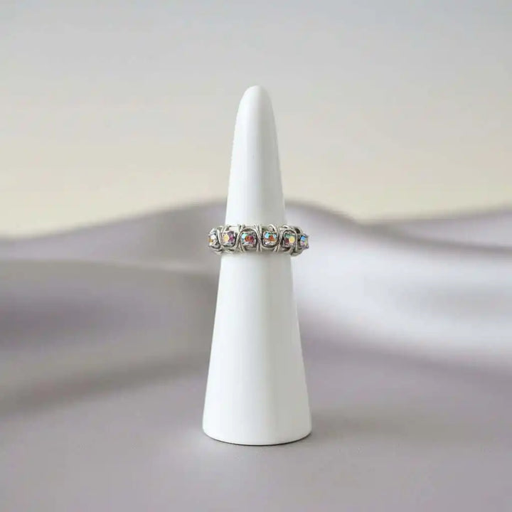 Wire Wrapped Silver Hammered Super Sparkly Crystal Bling Ring
