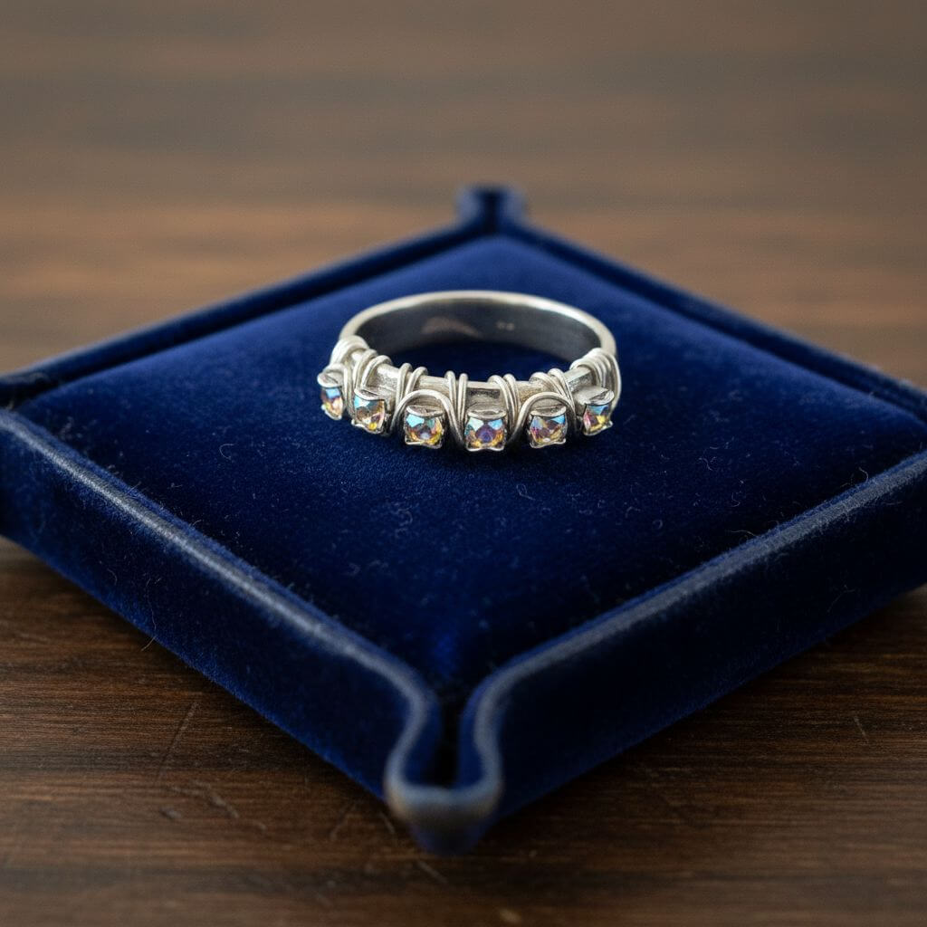 Wire Wrapped Silver Hammered Super Sparkly Crystal Bling Ring