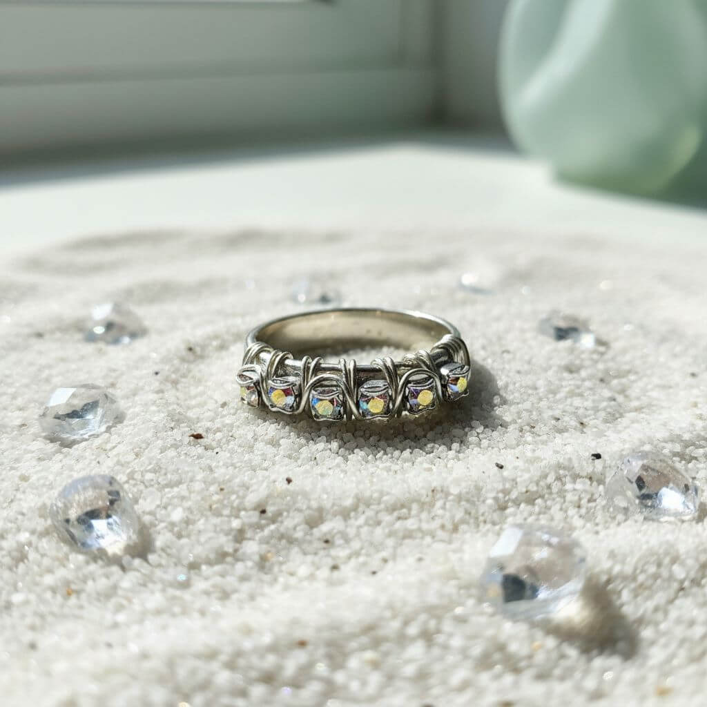 Wire Wrapped Silver Hammered Super Sparkly Crystal Bling Ring