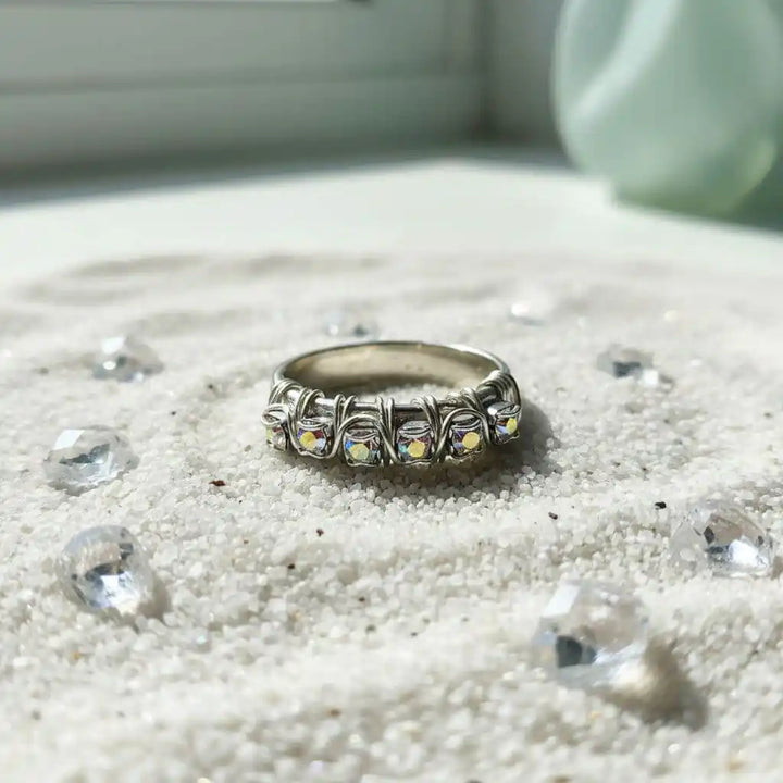 Wire Wrapped Silver Hammered Super Sparkly Crystal Bling Ring