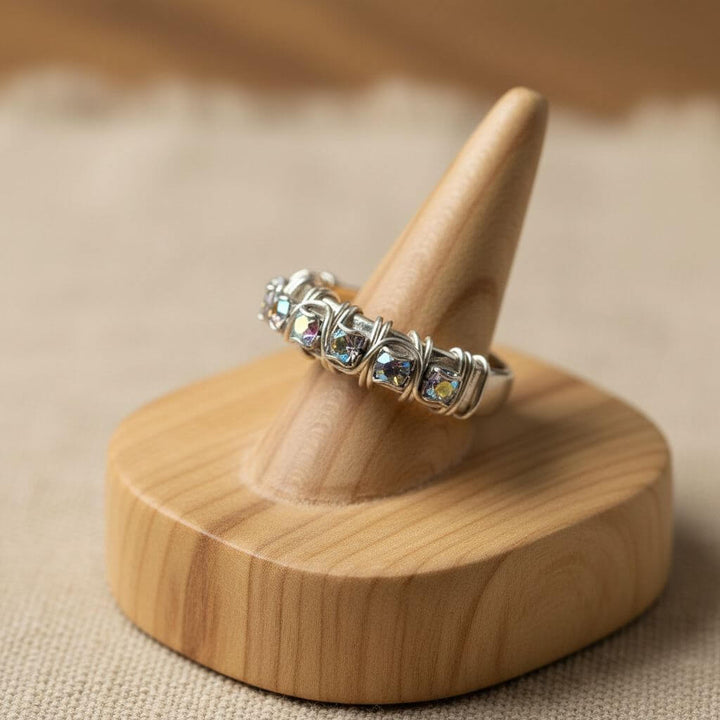 Wire Wrapped Silver Hammered Super Sparkly Crystal Bling Ring