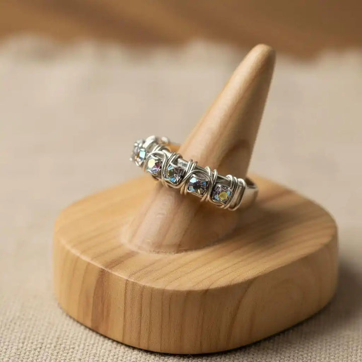 Wire Wrapped Silver Hammered Super Sparkly Crystal Bling Ring