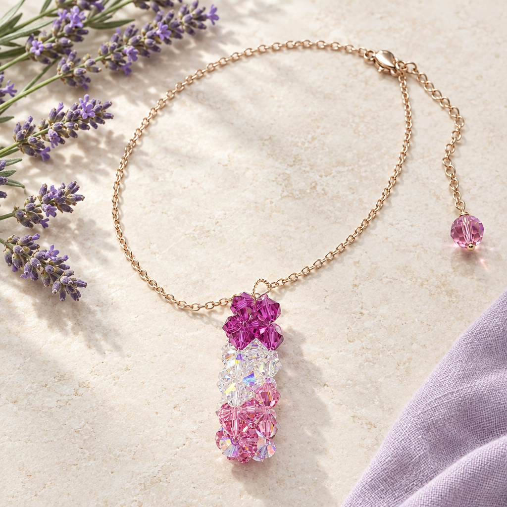 Crystal necklace styled with lavender