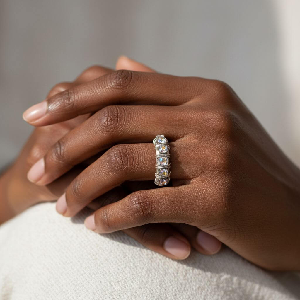 Wire Wrapped Silver Hammered Super Sparkly Crystal Bling Ring