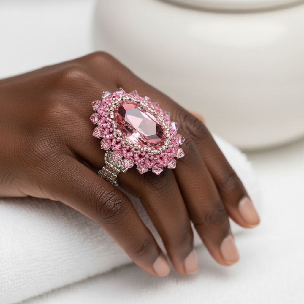 Epic Beaded Rose Crystal Bling Cocktail Ring