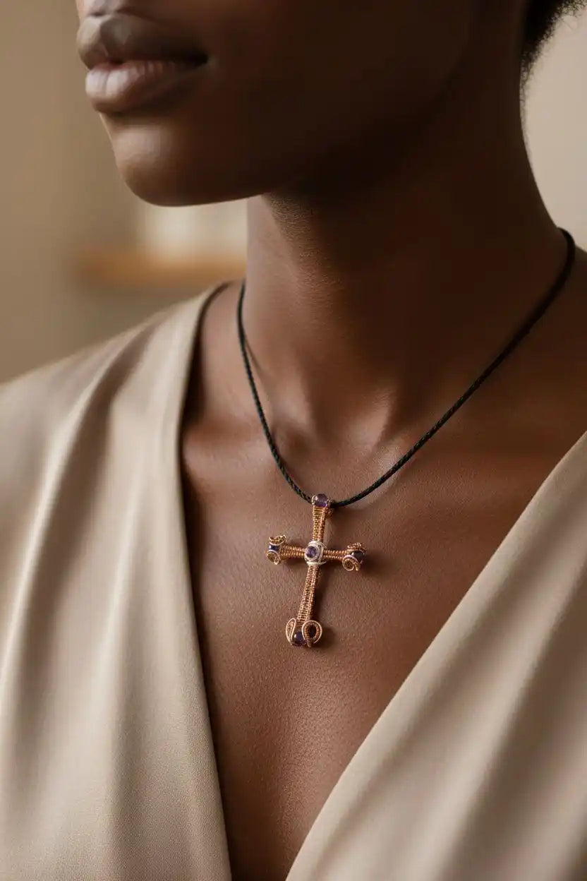 Large Wire Woven Copper Silver Amethyst Cross Necklace worn close-up, highlighting intricate design and craftsmanship.