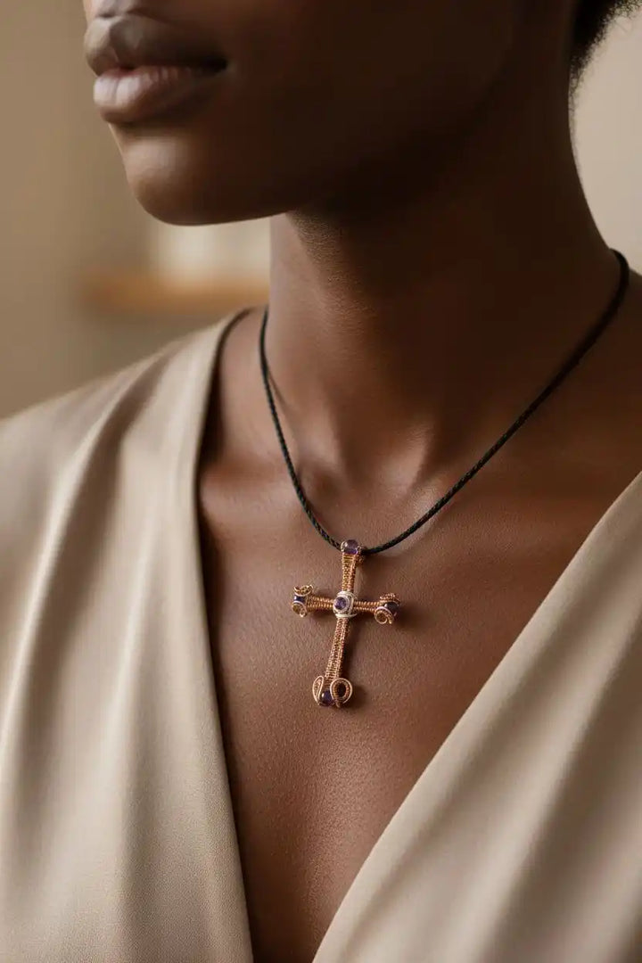 Large Wire Woven Copper Silver Amethyst Cross Necklace worn close-up, highlighting intricate design and craftsmanship.