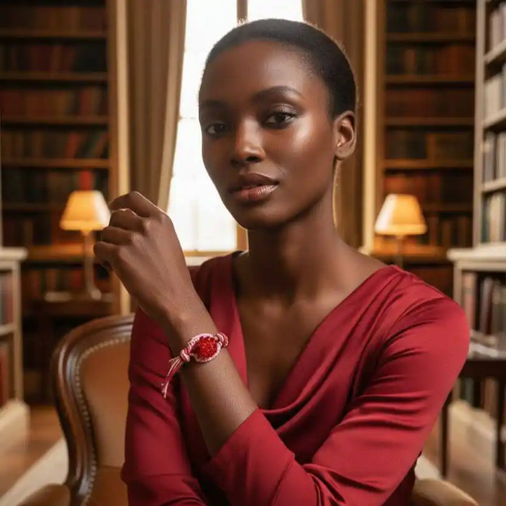 Leather Silk Bead Woven Crystal Button Bracelet worn by a model, showcasing rich red leather and pink silk in an elegant setting.