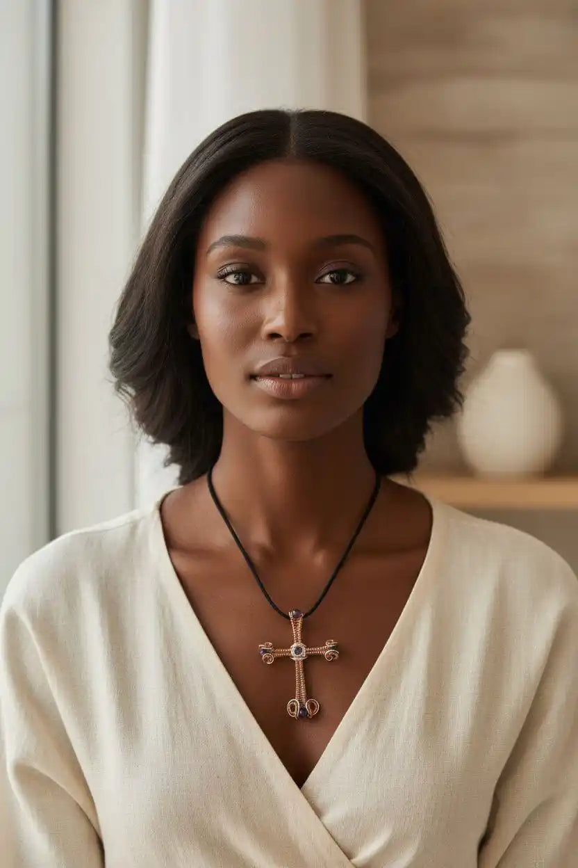 Model wearing a Large Wire Woven Copper Silver Amethyst Cross Necklace, highlighting its intricate design and craftsmanship.