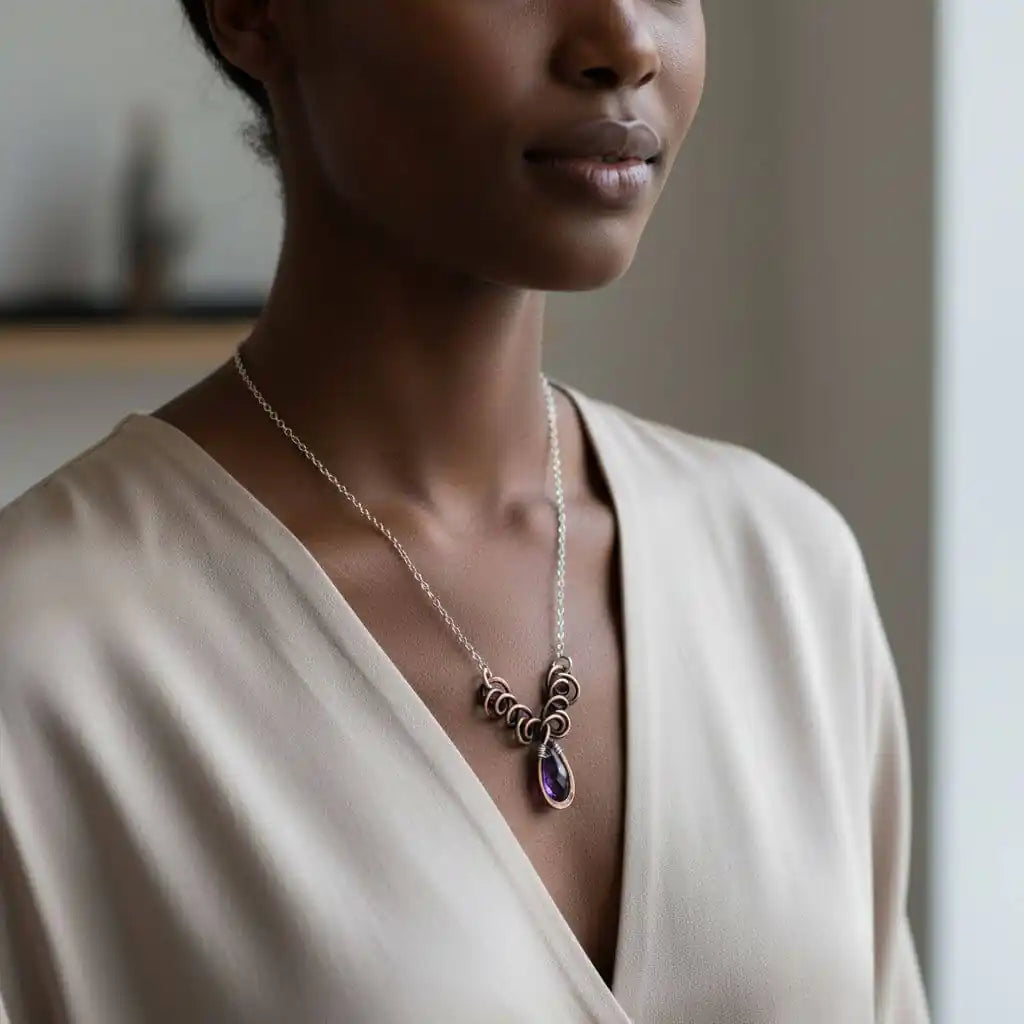 Silver and Copper Wire Sculpted Purple Crystal Drop Necklace worn by a model, showcasing its artisan elegance.