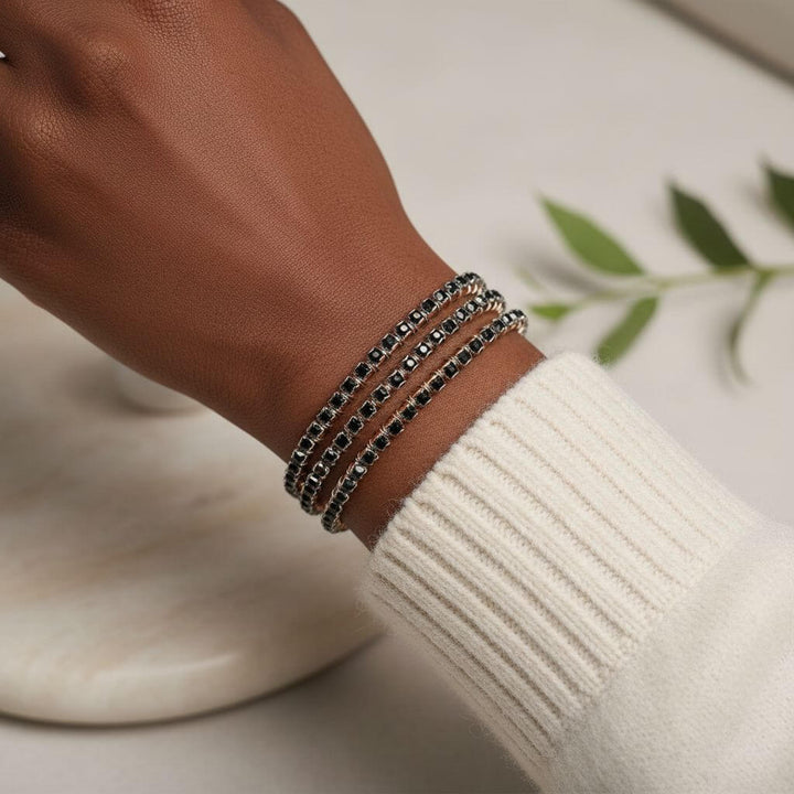 Wire Wrapped Copper Silver Black Crystal Rhinestone Bangle