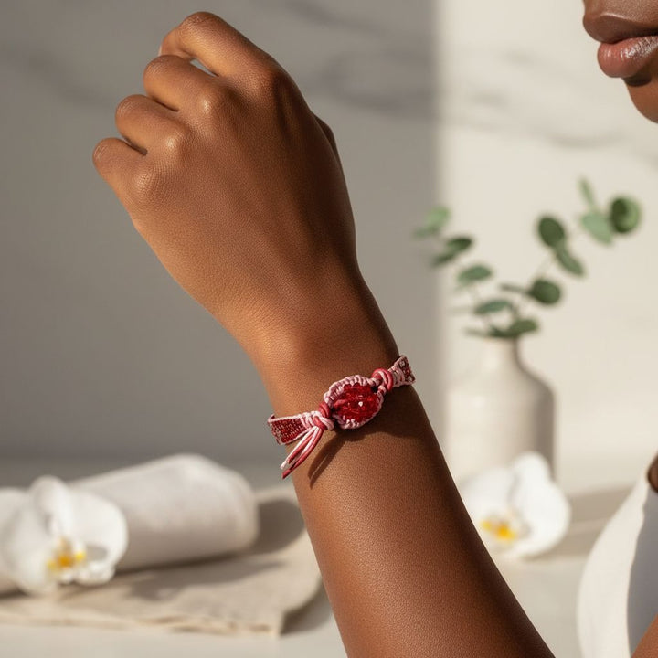 Leather Silk Bead Woven Crystal Button Glam Bracelet