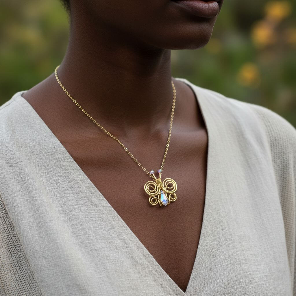 Handmade Wire Sculpted Crystal Butterfly Necklace