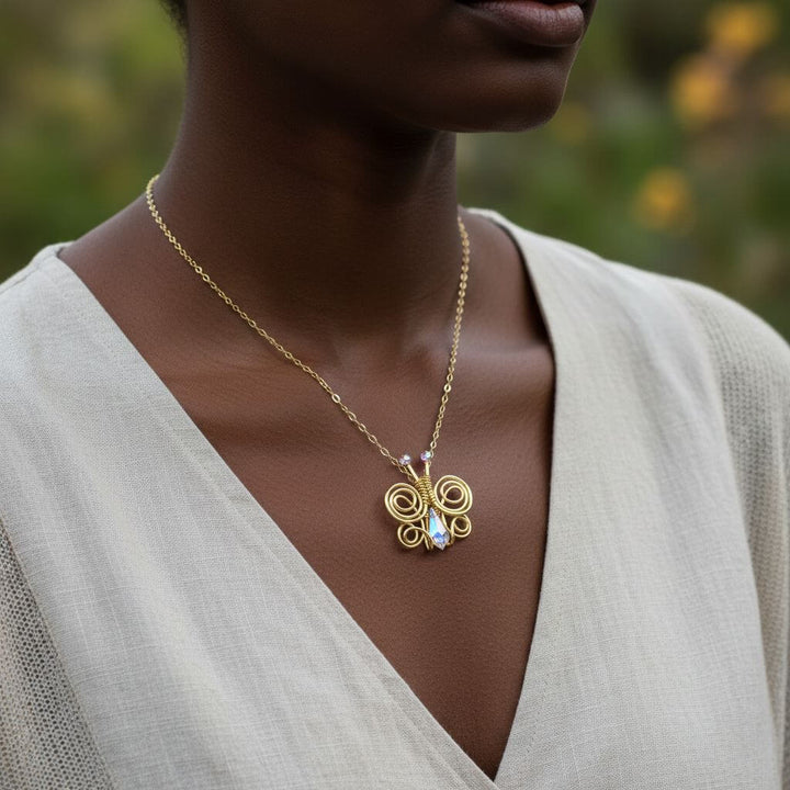 Handmade Wire Sculpted Crystal Butterfly Necklace