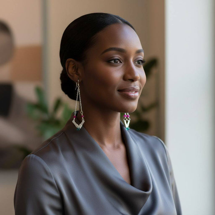 Sterling Silver Chevron Hot Pink Green Gemstone Earrings