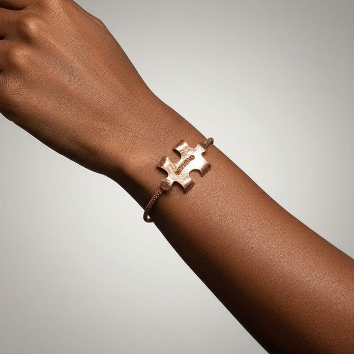 Copper Puzzle Piece Button Viking Knit Autism Awareness Bracelet