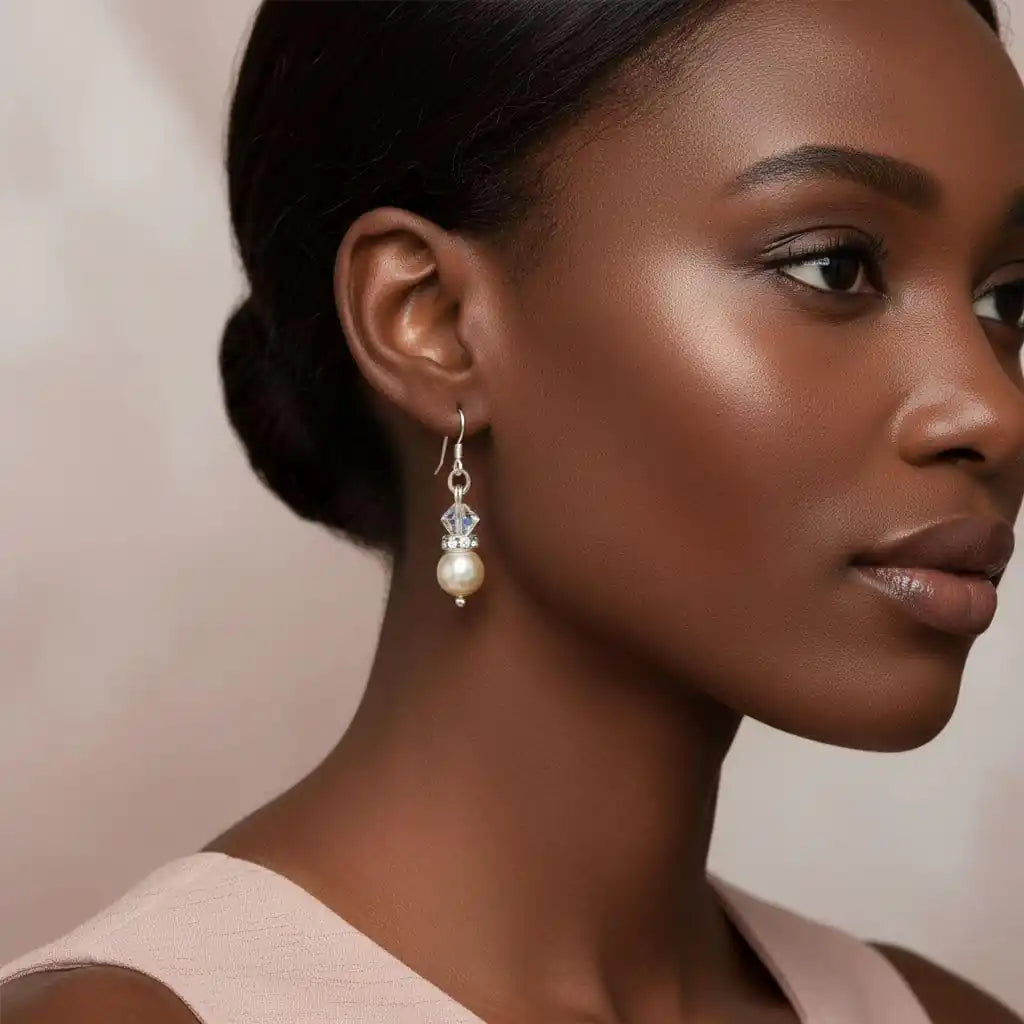 Various Color Swarovski Crystal Pearl Stack Earrings worn by a model, showcasing elegance and sophistication.