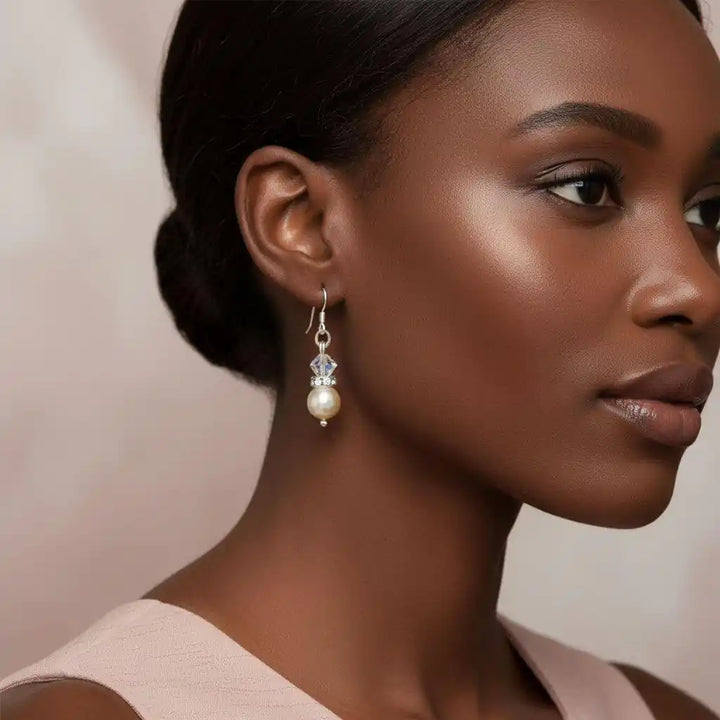 Various Color Swarovski Crystal Pearl Stack Earrings worn by a model, showcasing elegance and sophistication.