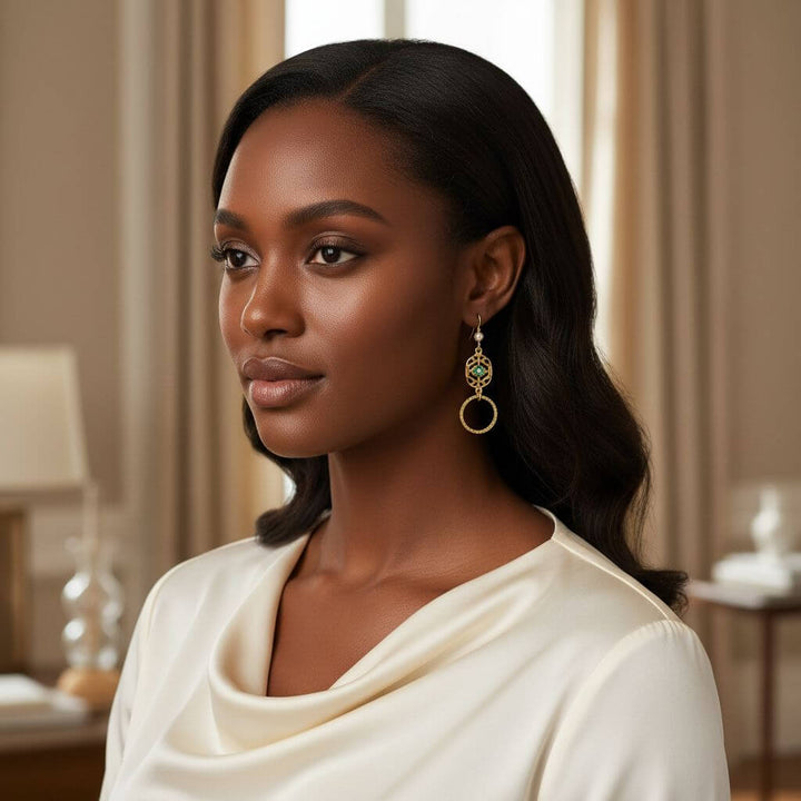 14 KT Gold Filled Green Crystal Hammered Circle Filigree Earrings