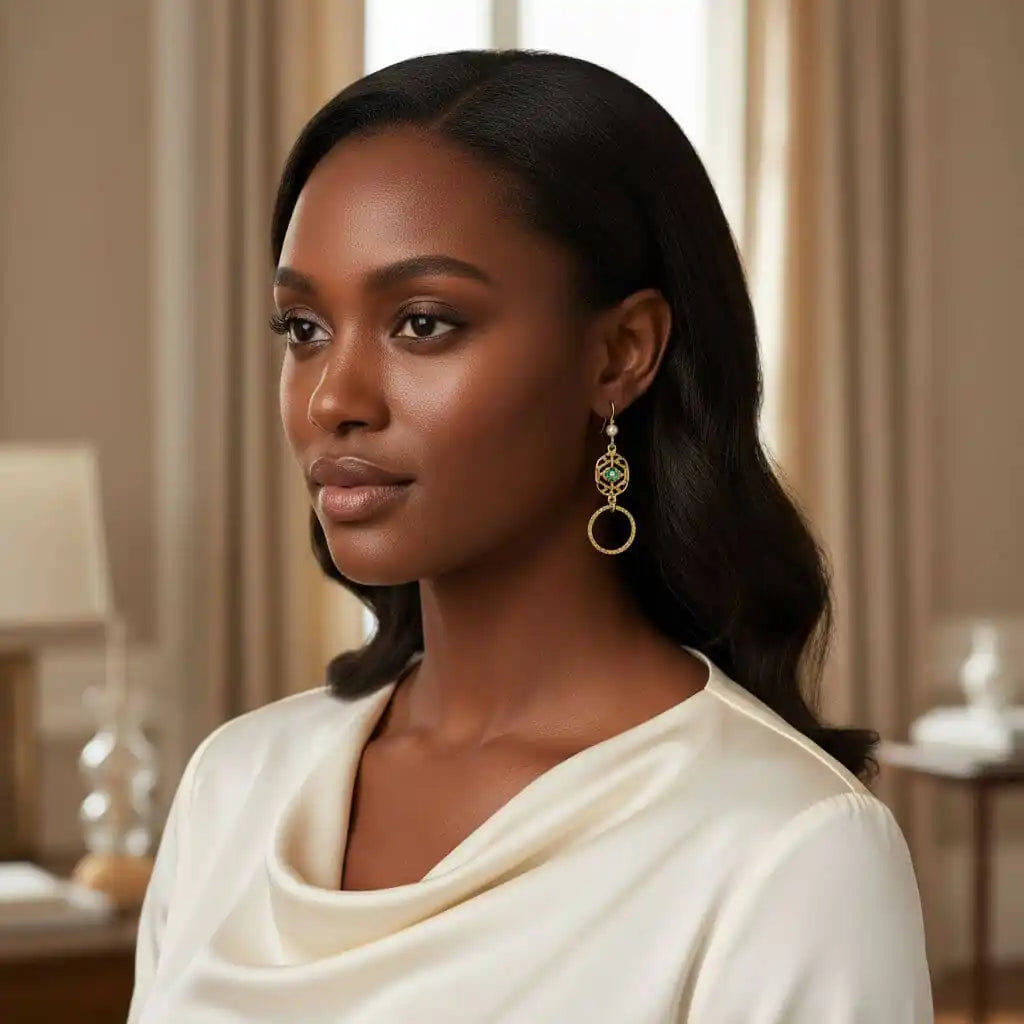 14 KT Gold Filled Green Crystal Circle Filigree Earrings worn by a model with elegant hairstyle and outfit.